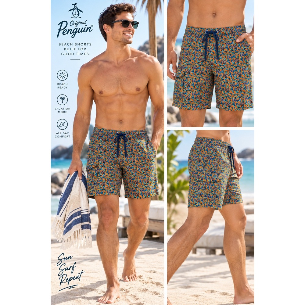 Original Penguin Mens 33 Orange Teal Print Board Shorts Swim Trunks Cargo